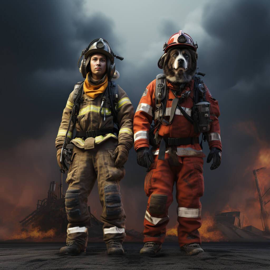 Pet And Owner Fireman Cute Canvas Painting