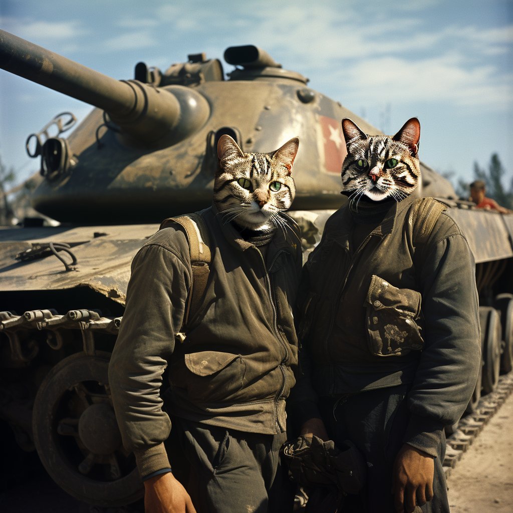 Brushstrokes of Unity:  Tank Commander and Loyal Cat Warriors in Painted Harmony
