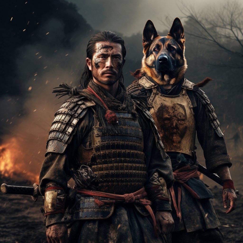 Epic Samurai Harmony: Large Scale Pet & Owner Canvas