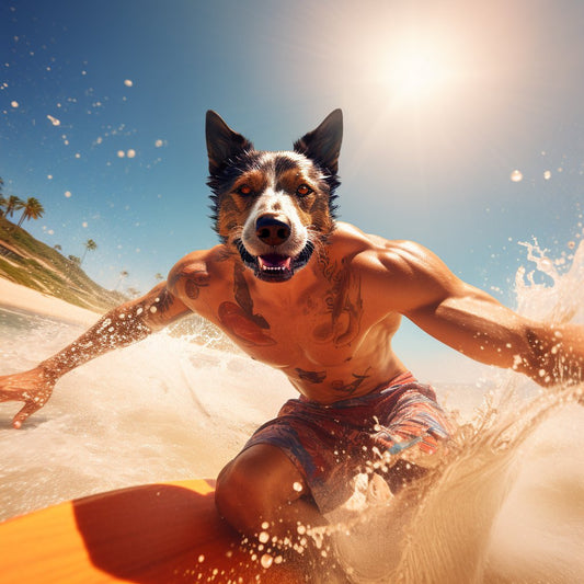 Coastal Canine Splendor: Capturing  Surfing Majesty in Custom Dog Portrait Pictures