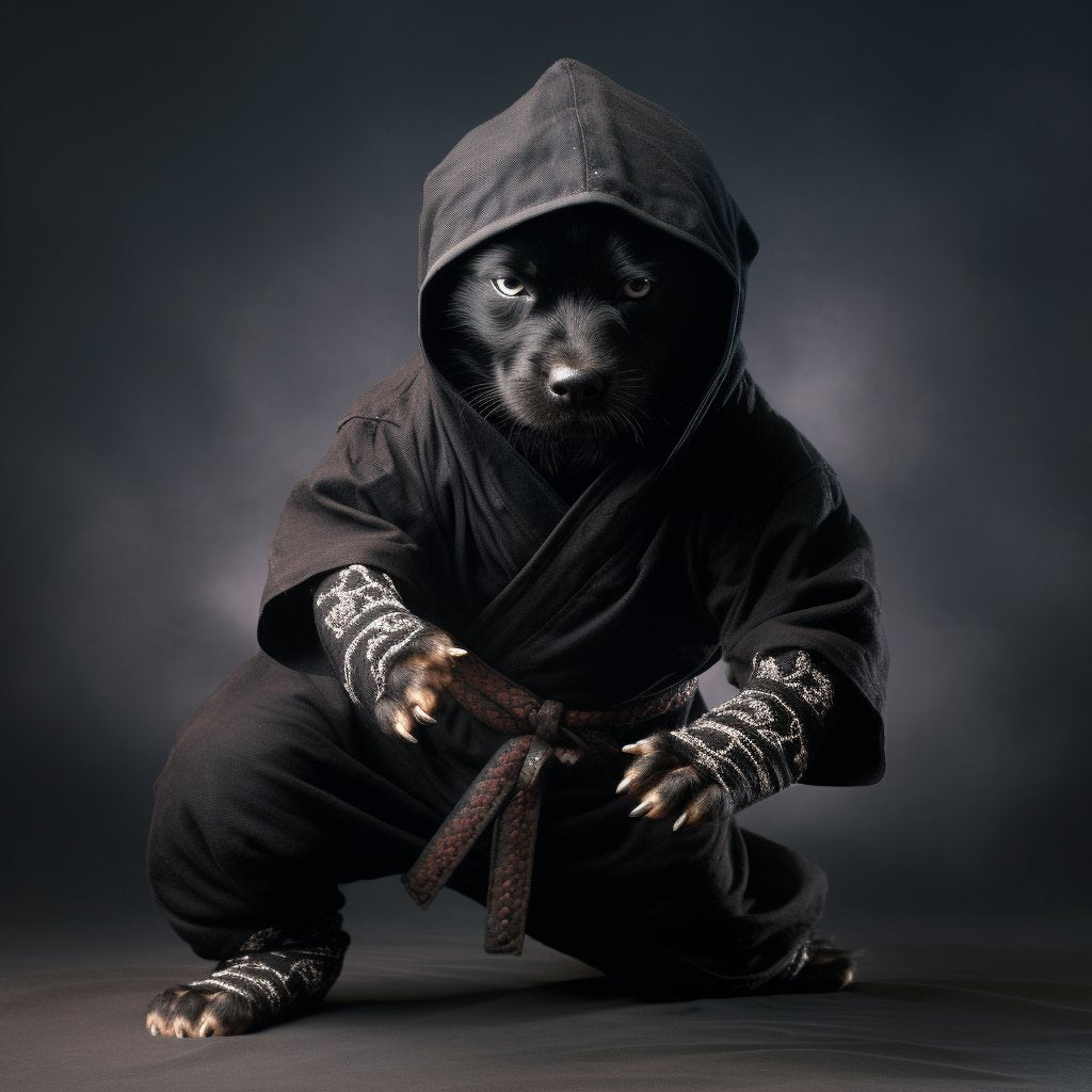 Vintage Ninja Elegance: Dog Portrait Print with a Timeless Twist