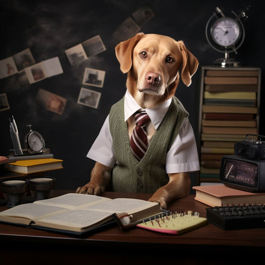 Academic Artistry:Self Portrait Dog with Chalk board Wisdom