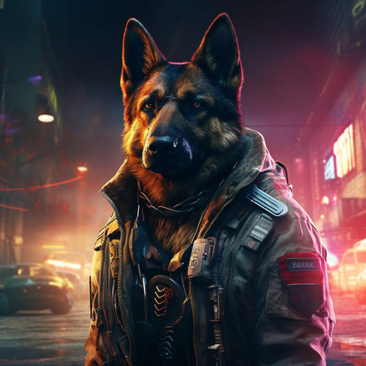 Heavenly Canine Journeys: Cyberpunk Tribute Portrait